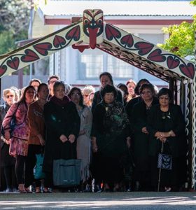 NZNO Te Rūnanga members make their way on to Tūrangawaewae Marae, at Ngāruawāhia.