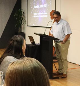 NZNO kaumātua Keelan Ransfield speaks at the Matariki dinner event.