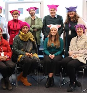 NZNO staff at the Wellington office wearing colourful knitted hats