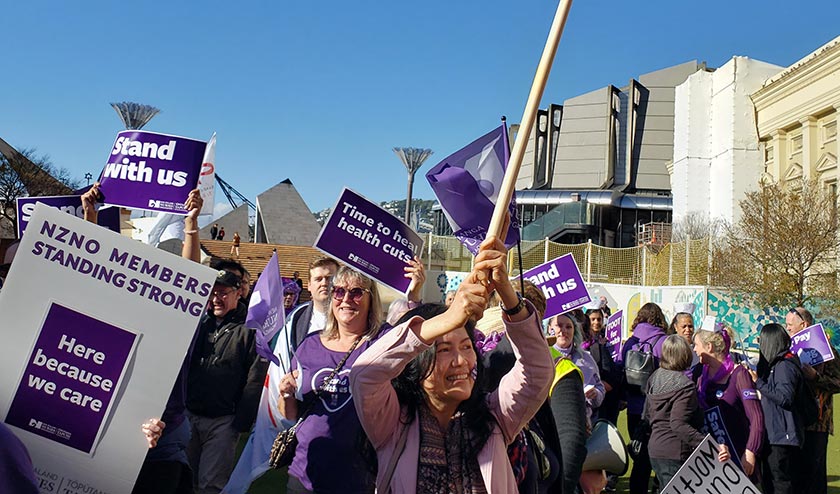 NZNO members striking in Civic Square, Wellington.