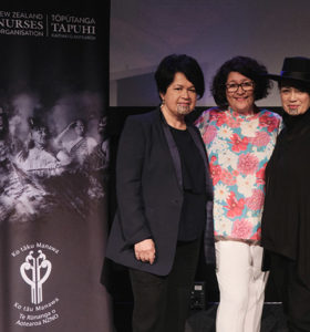 Kerri Nuku, centre, at the Indigenous Nurses Aotearoa Conference 2021 with, left, Ripeka Evans and Donna Awatere Huata.