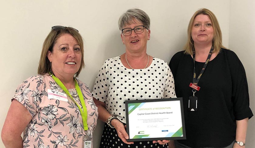 Safe Staffing, Healthy Workplaces director Bridget Smith with C&CDHB chief nursing officer Chris Kerr and Emma Williams.