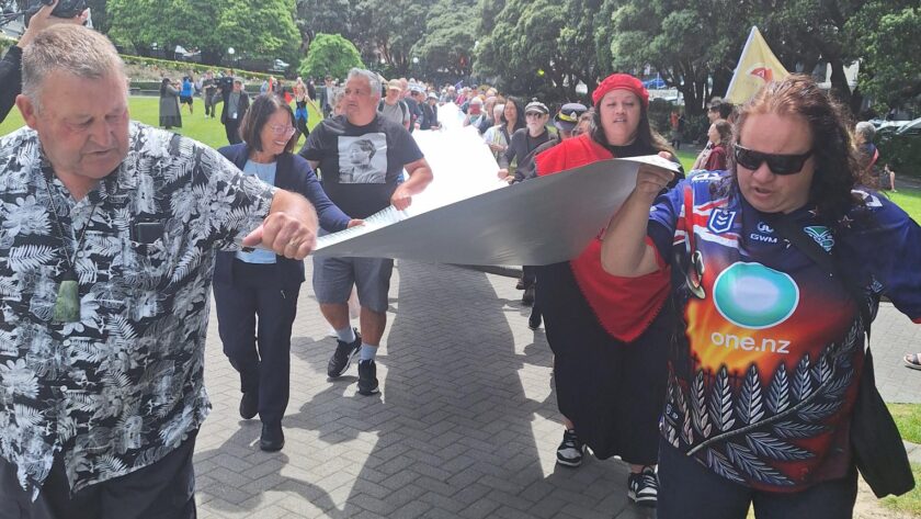 Extraordinary scenes as 276m-long message to politicians unrolls at Parliament The weight of the health system is about 200kg and it's nearly 300m long.
