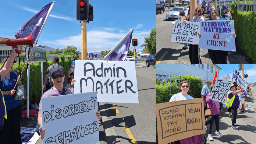 Low-paid workers at private hospital take strike action Workers in the lowest-paid roles at a private hospital in Palmerston North are fighting their employer's decision to block them from joining a collective.